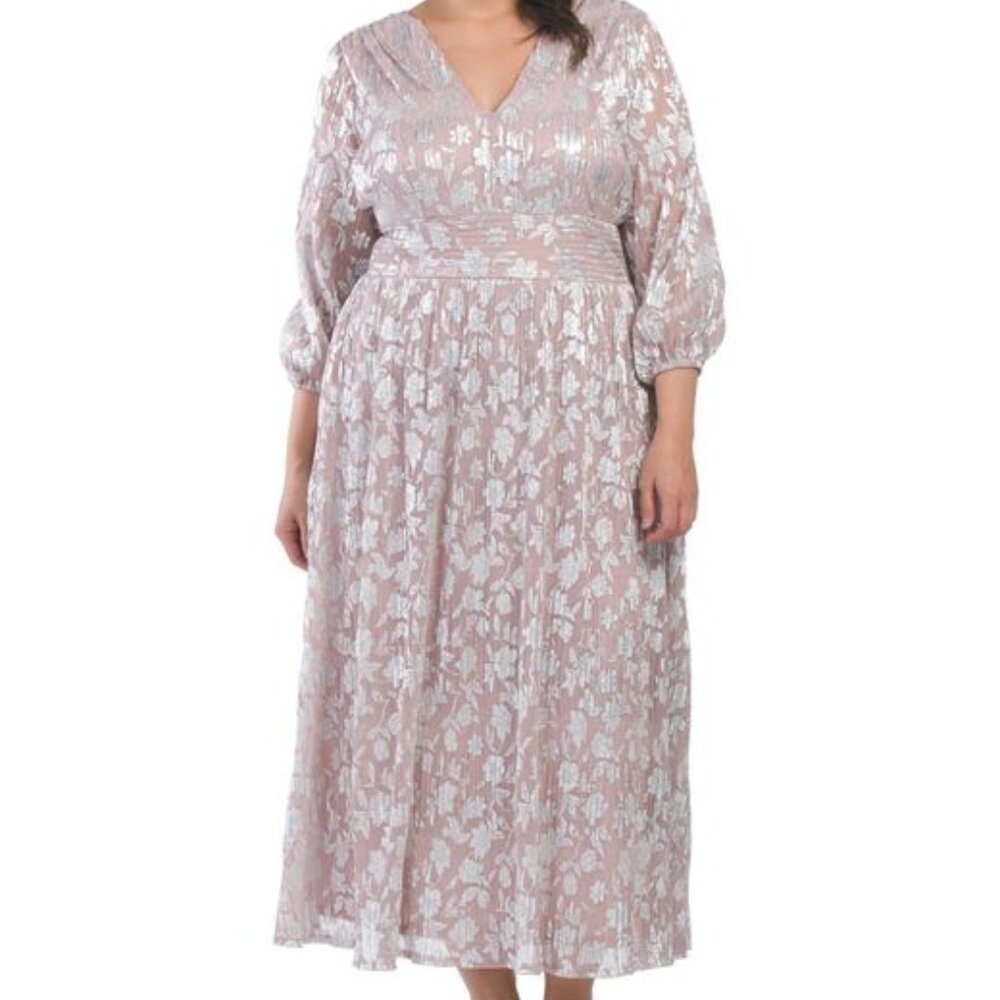 Marina Floral Metallic Blush Pink Dress Silver Cocktail Formal Wedding 2X NWT